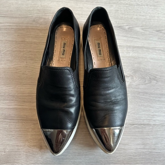 Miu Miu Metal Cap Toe Leather Slip On Sneakers - Picture 2 of 11